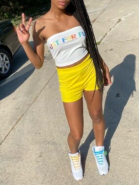 Two Piece Set Bright Yellow Biker Shorts & Graphic Tube Top